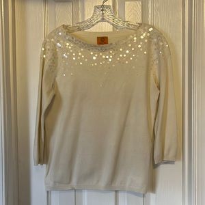 Ruby Rd. Sweater Petite Small White With Sequins, 3/4 sleeve